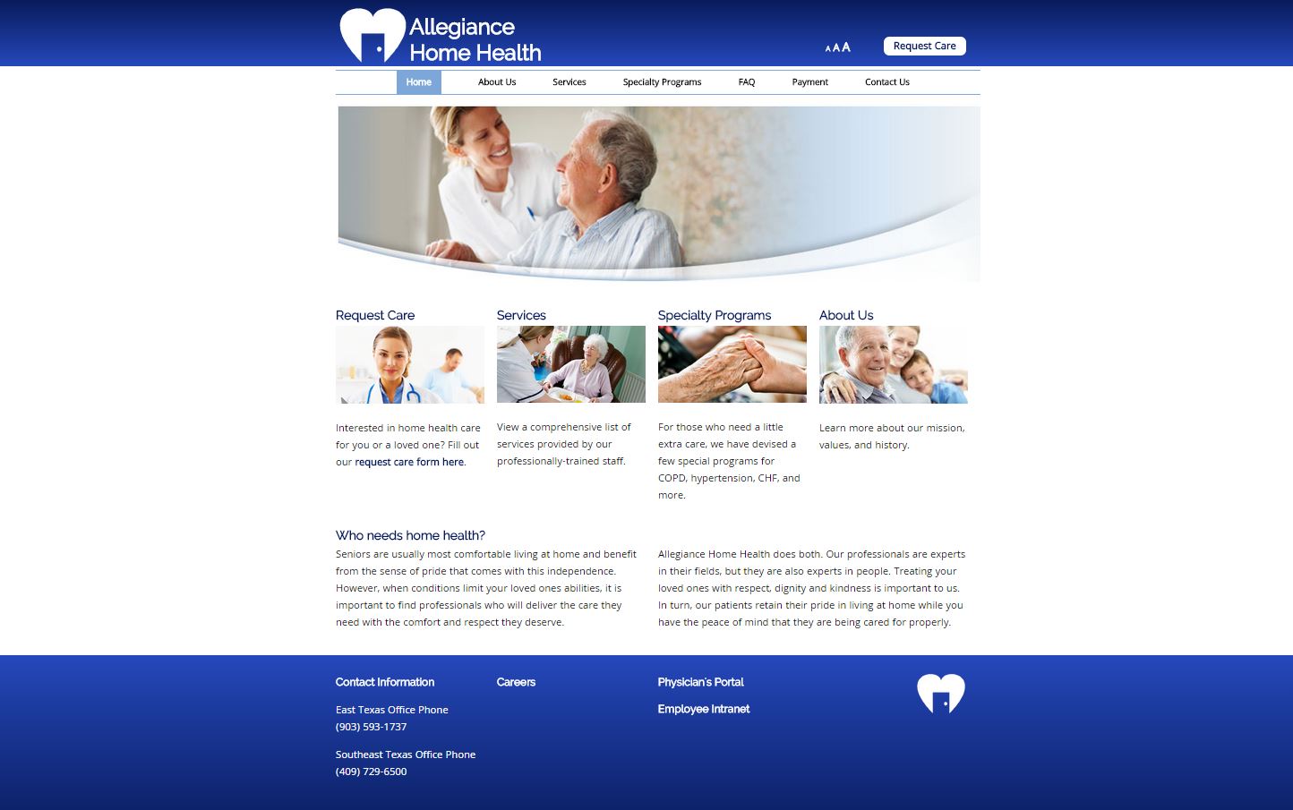 Home page of Allegiance Home Health website